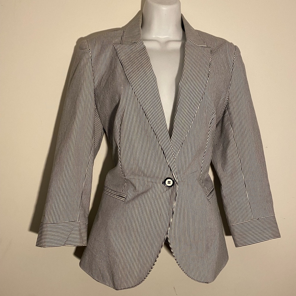 Gray & white pin stripe blazer and slacks